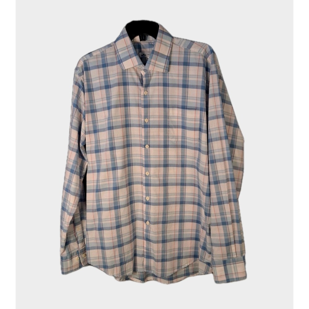 Peter Millar Men's Large Long Sleeve Plaid Stretch Shirt Blue White - Picture 2 of 14